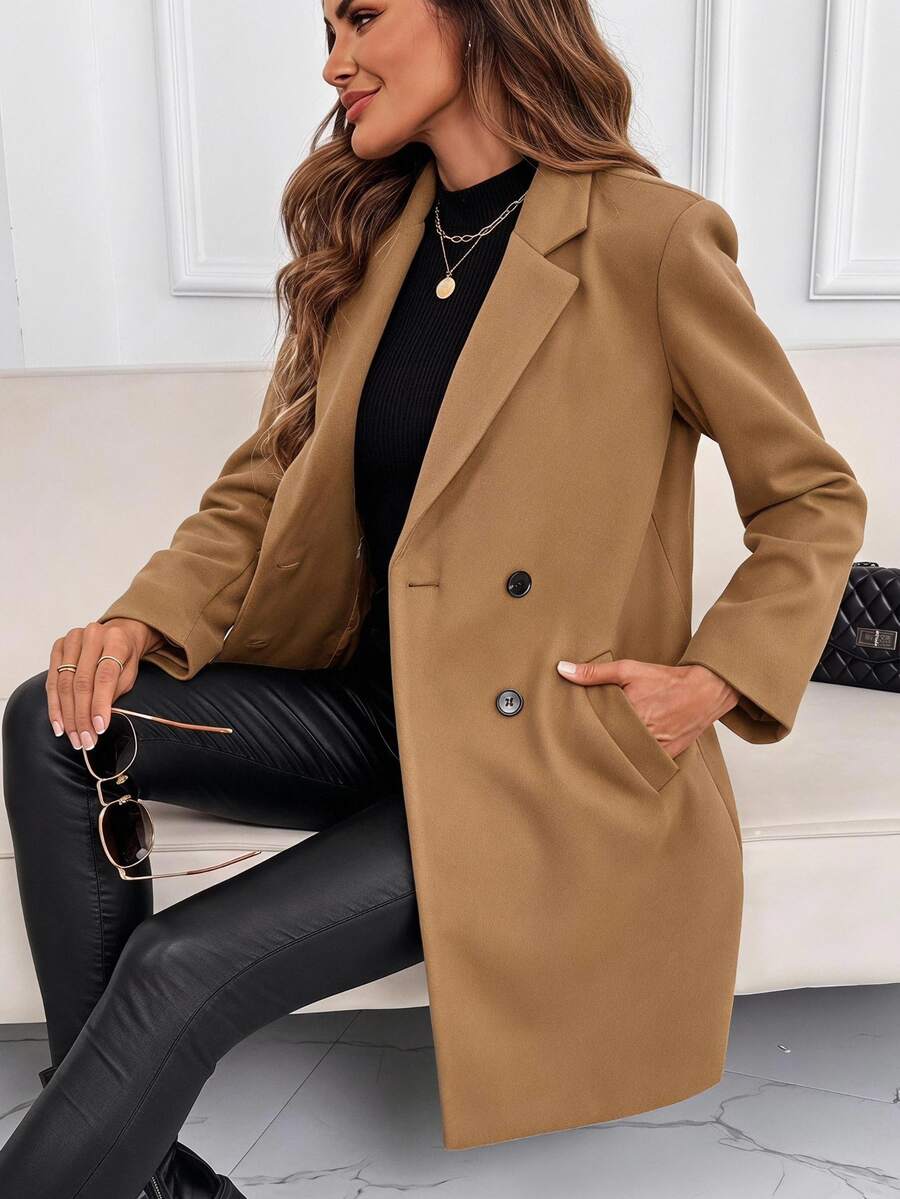 SHEIN Clasi Abrigo de lana de doble botonadura para mujer en otoño/invierno - Caqui - Ver 1