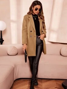 SHEIN Clasi Abrigo de lana de doble botonadura para mujer en otoño/invierno - Caqui - Ver 3