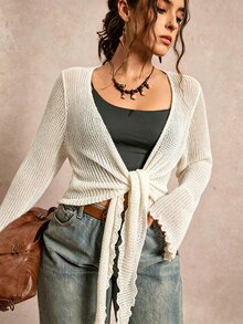 Freevana Plus Size Solid Color Bell Sleeve Tie Front Cardigan Autumn Vacation Allover White Smart Formal Casual Soft Form - Apricot - View 6