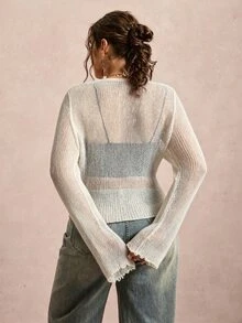 Freevana Plus Size Solid Color Bell Sleeve Tie Front Cardigan Autumn Vacation Allover White Smart Formal Casual Soft Form - Apricot - View 2
