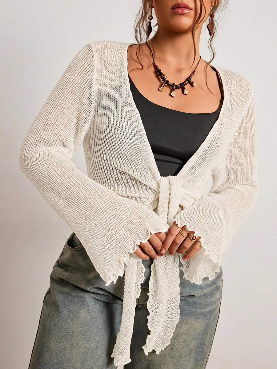 Freevana Plus Size Solid Color Bell Sleeve Tie Front Cardigan Autumn Vacation Allover White Smart Formal Casual Soft Form - Apricot - View 1