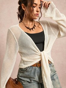 Freevana Plus Size Solid Color Bell Sleeve Tie Front Cardigan Autumn Vacation Allover White Smart Formal Casual Soft Form - Apricot - View 7