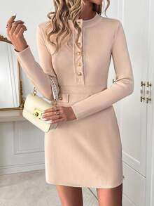 SHEIN Clasi Women's Elegant Work-Wear Office Everyday Button-Decorated Short Sweater Dress In Autumn Apricot - Apricot - View 1