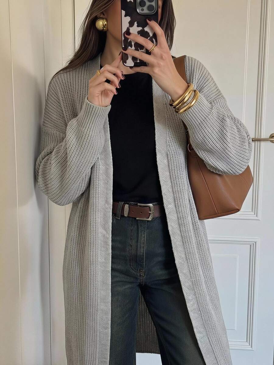 Freevana Women's Casual Soft Form Slouchy Stylelight Blue Color Open Front Long Sleeve Knit Cardigan-Loose Multi-Functional Sweater Autumn Formal Homewear - Apricot - View 1