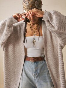 Freevana Women's Casual Soft Form Slouchy Stylelight Blue Color Open Front Long Sleeve Knit Cardigan-Loose Multi-Functional Sweater Autumn Formal Homewear - Apricot - View 6