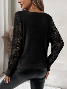 SHEIN Clasi Contrast Lace Lantern Sleeve Sweater,Long Sleeve Tops In Fall/Winter - Black - View 2