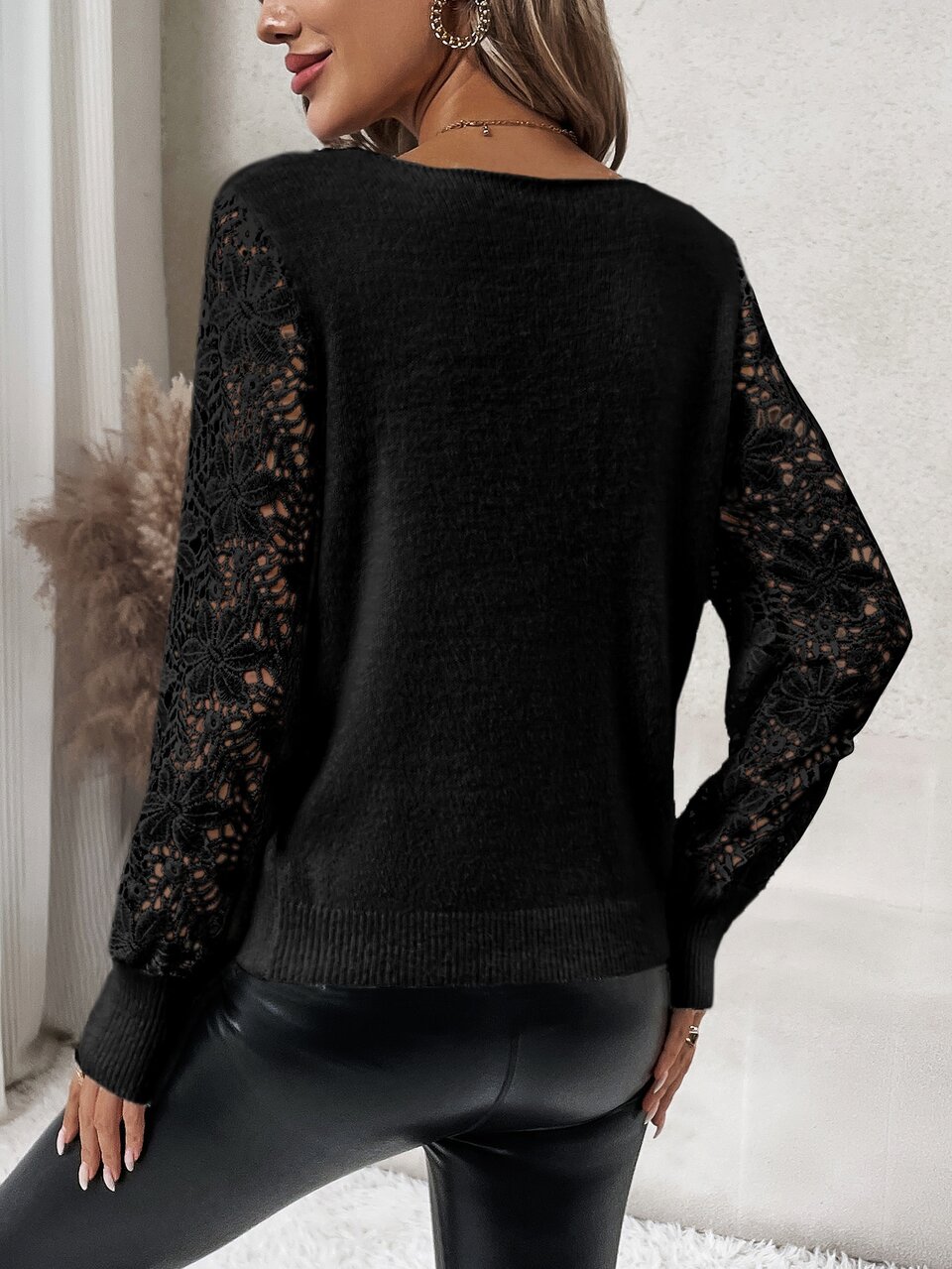Contrast Lace Lantern Sleeve Sweater,Long Sleeve Tops In Fall/Winter
