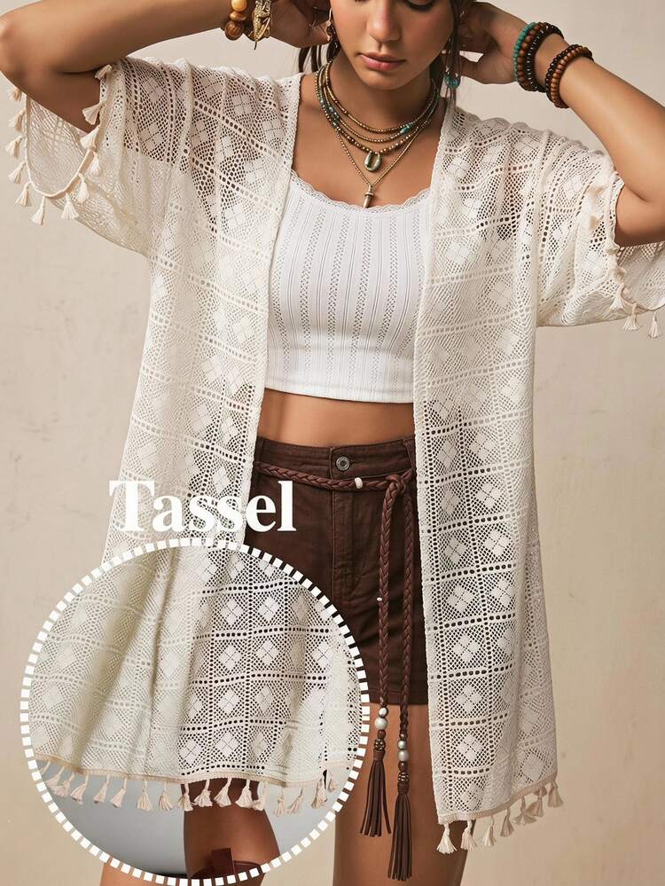 Freevana White Plus Size Kimono,Eclectic V-Neck 3/4 Sleeve Jacket,Geometric Lace Hollow-Out Top,Tassel Hem Beach Cover Up,Bachelorette Party,Concert,Holiday - Apricot - View 1