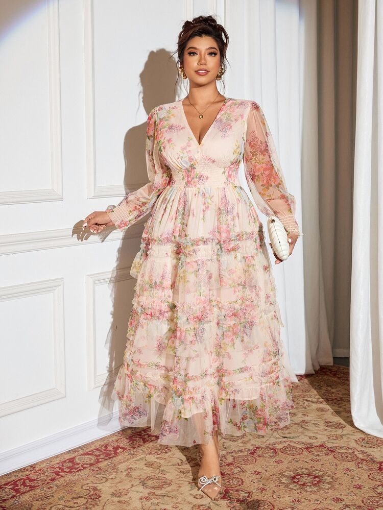 SHEIN Clasi New Mesh Floral Print Dress, Suitable For Evening Party, Date, Afternoon Tea, Birthday, Wedding, Elastic Waist Dress, Casual Plus Size Dress Fall - Multicolor - View 4