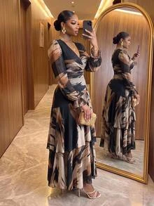 SHEIN Lady 大尺碼度假印花拼色喇叭袖洋裝，適合早午餐、雞尾酒會、正式場合、優雅婚禮賓客，海軍藍冬季休閒優雅款，黑色秋季款 - 彩色 - 查看 2