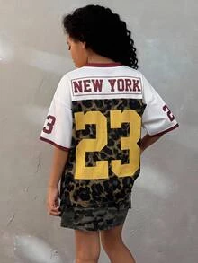 Coolane Kids 少女夏季节日复古街头运动风印花超大棒球衫T恤，豹纹上衣，秋季服装，猎豹纹上衣，豹纹上衣 - 棕色 - 查看 2