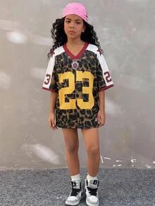 Coolane Kids 少女夏季节日复古街头运动风印花超大棒球衫T恤，豹纹上衣，秋季服装，猎豹纹上衣，豹纹上衣 - 棕色 - 查看 3