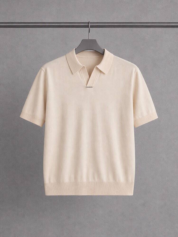 HIMLAND Men's Casual Versatile Solid Color Short Sleeve Knit Top Vacation Beach Orange Pink Summer - Apricot - View 2