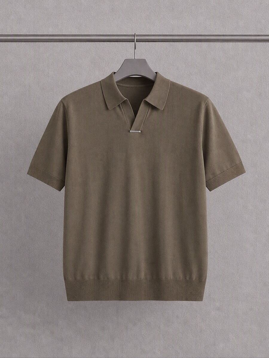 Mainfolk Men's Casual Daily Short Sleeve Knit Top For Office Vacation Beach Olive Summer - Khaki - View 1