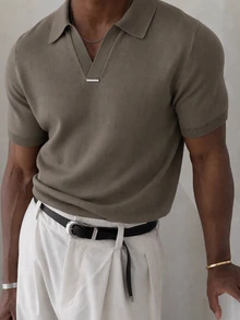 Mainfolk 男士休閒日常短袖針織上衣，適合辦公室、度假、海灘，橄欖綠夏季款 - 卡其色 - 查看 1
