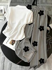 Trelyra Women's Summer Casual Floral Print Side Pleated Short Sleeve Top And Striped Floral Print Elastic Waist Shorts 2-Piece Set - Multicolor - View 2