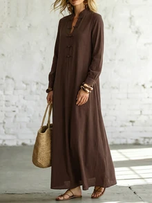 Omancia Women's Solid Color Stand-Up Collar New Chinese Style National Windfall Drop Flared Placket Loose Long Sleeve Modified Cheongsam Robe Coffee Brown Lon - Coffee Brown - View 3