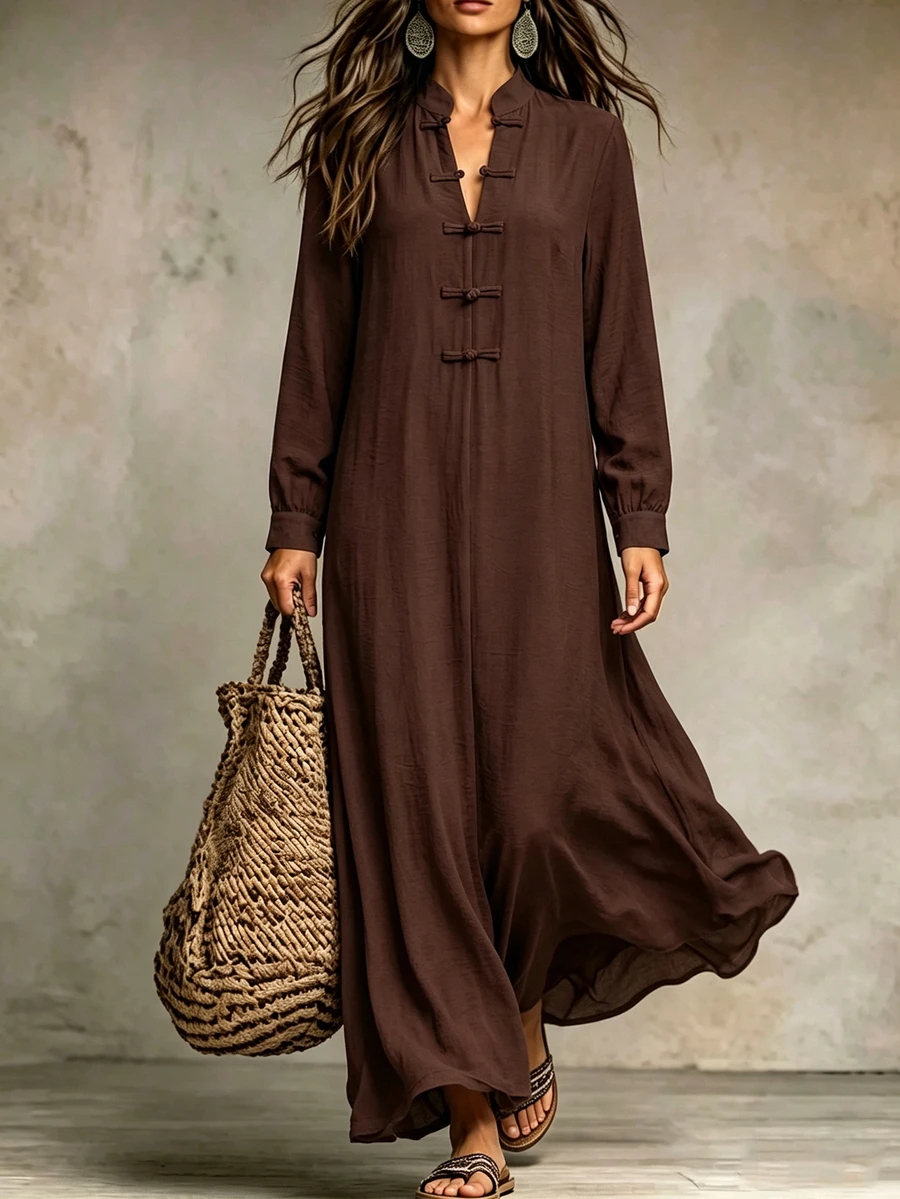 Omancia Women's Solid Color Stand-Up Collar New Chinese Style National Windfall Drop Flared Placket Loose Long Sleeve Modified Cheongsam Robe Coffee Brown Lon - Coffee Brown - View 1