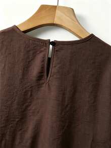 SHEIN 2026 New Summer Women's Holiday Casual Blouse, Patchwork Dyed Lace Puff Sleeve Blouse, Loose H-Line Women's Blouse, Vacation Lazy Style Round Neck Women's Blouse, Puff Sleeve Short Sleeve Women's Blouse - Mocha Brown - View 6