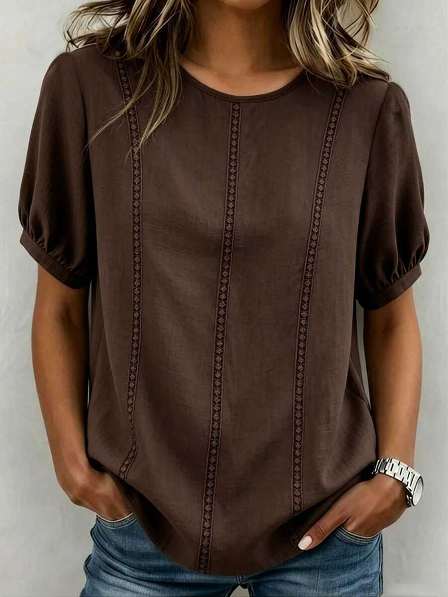 SHEIN 2026 New Summer Women's Holiday Casual Blouse, Patchwork Dyed Lace Puff Sleeve Blouse, Loose H-Line Women's Blouse, Vacation Lazy Style Round Neck Women's Blouse, Puff Sleeve Short Sleeve Women's Blouse