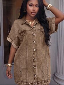 BamGleam Women's Denim Dress With High Slit - Brown - View 9