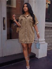 BamGleam Women's Denim Dress With High Slit - Brown - View 8