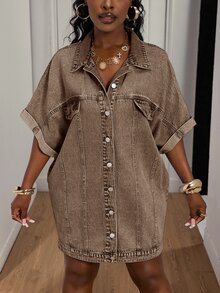 BamGleam Women's Denim Dress With High Slit - Brown - View 1
