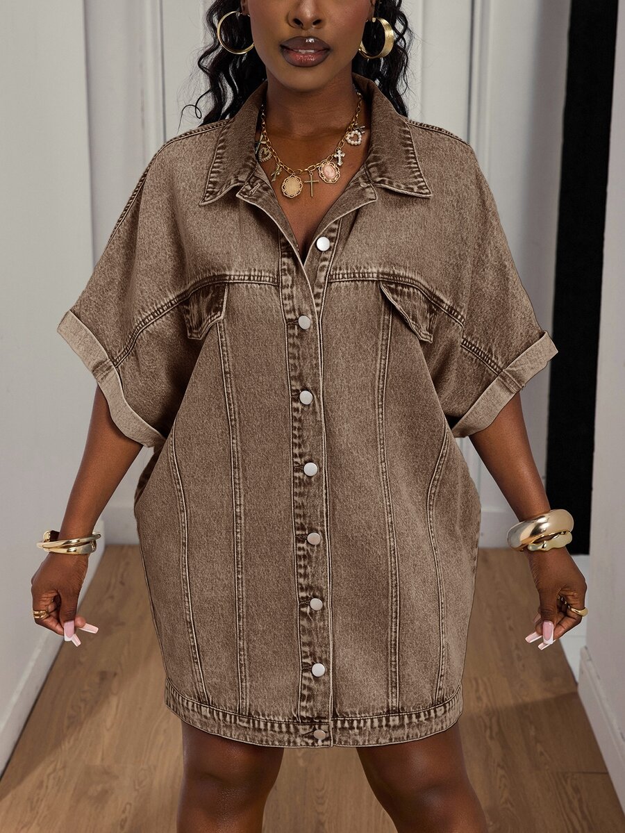 BamGleam Women's Denim Dress With High Slit - Brown - View 1