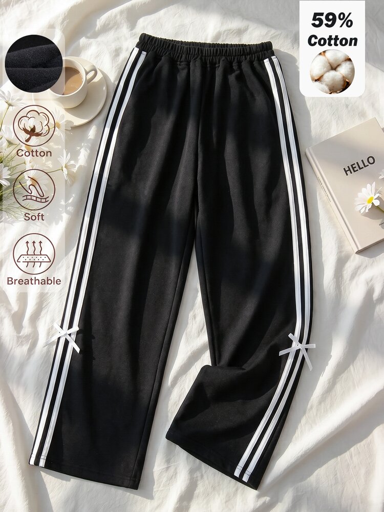 SHEIN Tween Girl Contrast Black Bow Decor Long Pants School Autumn Baggy Uniform - Black - View 3