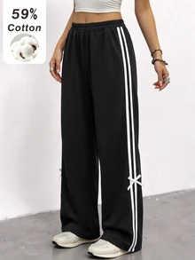 SHEIN Tween Girl Contrast Striped Bow Decor Long Pants - Black - View 1