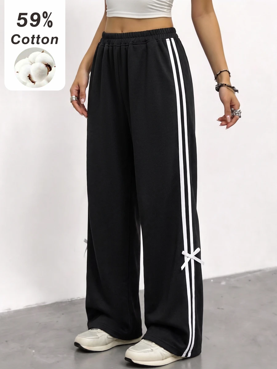 SHEIN Tween Girl Contrast Striped Bow Decor Long Pants - Black - View 1
