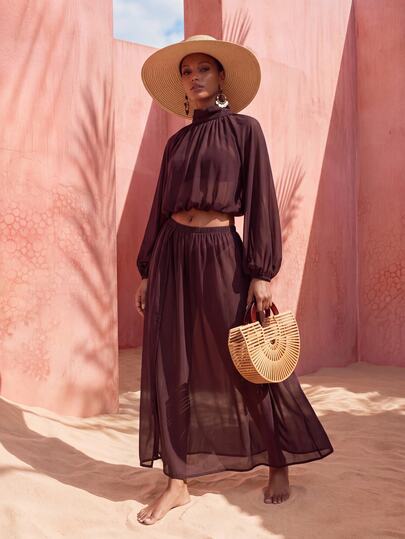 Zivah Solid Mock Neck Tie Backless Lantern Sleeve Sheer Cover Up Top & Skirt Set Swimsuits Bathing