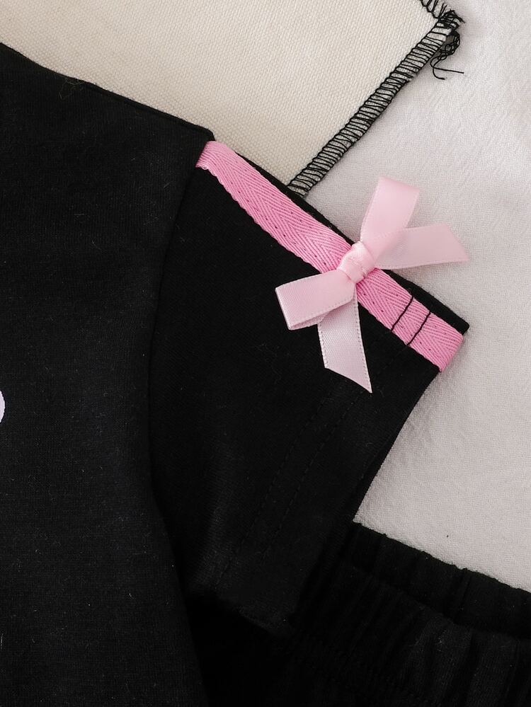 SHEIN 2pcs Baby Girls Summer Casual Sweet And Elegant Street Black Round Neck T-Shirt With Pink Bow Print On The Chest And Pink Ribbon Bow Decoration On The Sleeves, Paired With Black Pants Set Suitable For School And Daily Wear - Black - View 5