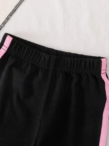 SHEIN 2件組女嬰夏季休閒甜美優雅街頭風黑色圓領T恤，胸前粉色蝴蝶結印花、袖口粉色緞帶蝴蝶結裝飾，搭配黑色長褲套裝，適合上學與日常穿著 - 黑色 - 查看 6