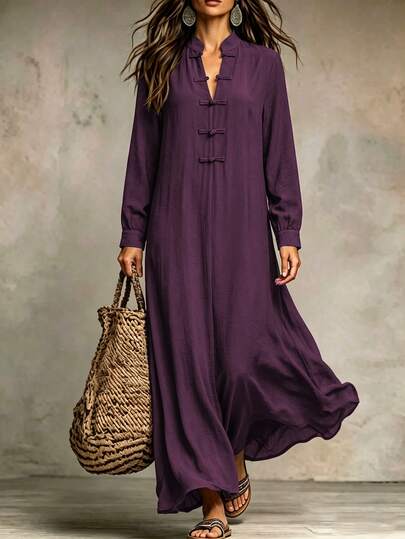 Wandoria Women's Solid Color Stand Collar New Chinese Style National Wind Draped Wide Hem Frog Button Faux Linen Texture Loose Long Sleeve Modified Cheongsam Long Dress Coffee Brown Long Dress French Exquisite Elegant Commute Casual Vacation Women's Formal Office Afternoon Tea Minimalist Middle East Women's Autumn New Arrival Autumn/Winter Dress