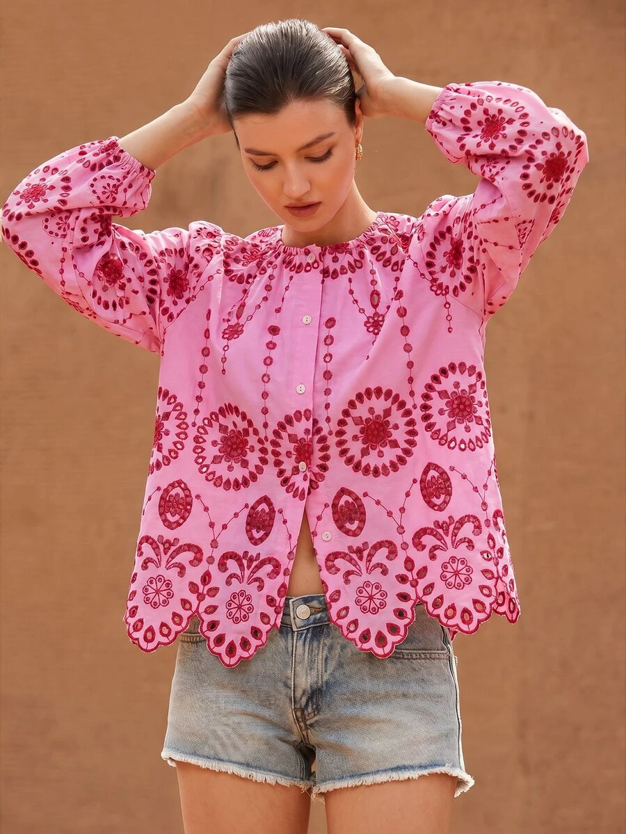 BELROSIE Women's Round Neck Embroidered Trim Long Sleeve Blouse - Pink - View 1