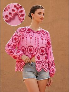 BELROSIE Women's Round Neck Embroidered Trim Long Sleeve Blouse - Pink - View 7