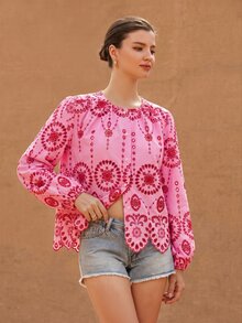 BELROSIE Women's Round Neck Embroidered Trim Long Sleeve Blouse - Pink - View 4