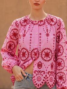 BELROSIE Women's Round Neck Embroidered Trim Long Sleeve Blouse - Pink - View 3