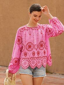 BELROSIE Women's Round Neck Embroidered Trim Long Sleeve Blouse - Pink - View 6
