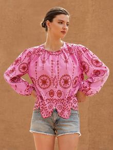 BELROSIE Women's Round Neck Embroidered Trim Long Sleeve Blouse - Pink - View 5