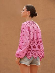 BELROSIE Women's Round Neck Embroidered Trim Long Sleeve Blouse - Pink - View 2
