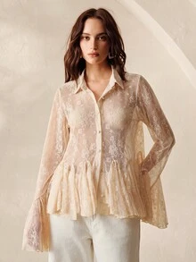 BELROSIE Korean Style Lace Sheer Single-Breasted Layered Ruffle Hem Flare Sleeve Top, Suitable For Workplace, Dating, Bridesmaid - Apricot - View 4