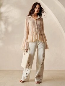 BELROSIE Korean Style Lace Sheer Single-Breasted Layered Ruffle Hem Flare Sleeve Top, Suitable For Workplace, Dating, Bridesmaid - Apricot - View 6