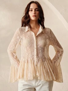 BELROSIE Korean Style Lace Sheer Single-Breasted Layered Ruffle Hem Flare Sleeve Top, Suitable For Workplace, Dating, Bridesmaid - Apricot - View 5
