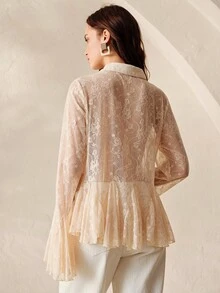 BELROSIE Korean Style Lace Sheer Single-Breasted Layered Ruffle Hem Flare Sleeve Top, Suitable For Workplace, Dating, Bridesmaid - Apricot - View 3