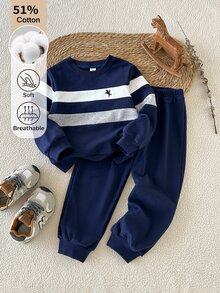 SHEIN Playful Pals 小男孩長袖套頭衫與長褲2件套休閒套裝 2026秋冬款 - 藏蓝色 - 查看 3