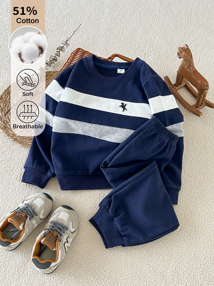 SHEIN Playful Pals Young Boys Long Sleeve Pullover & Pants 2Pcs Set Casual Fall Outfits Automne Hiver 2026 - Navy Blue - View 1