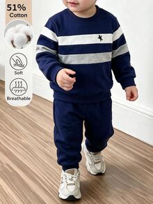 SHEIN Playful Pals 小男孩長袖套頭衫與長褲2件套休閒套裝 2026秋冬款 - 藏蓝色 - 查看 1