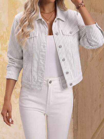 EMERY ROSE Women's Striped Long Sleeve Single-Breasted Casual Denim Jacket